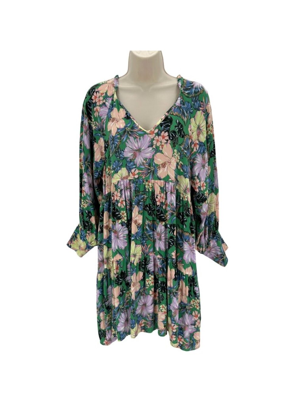ONeill Womens Boho Viscose Floral Green Long Sleeve Tiered Tunic/Dress Size M